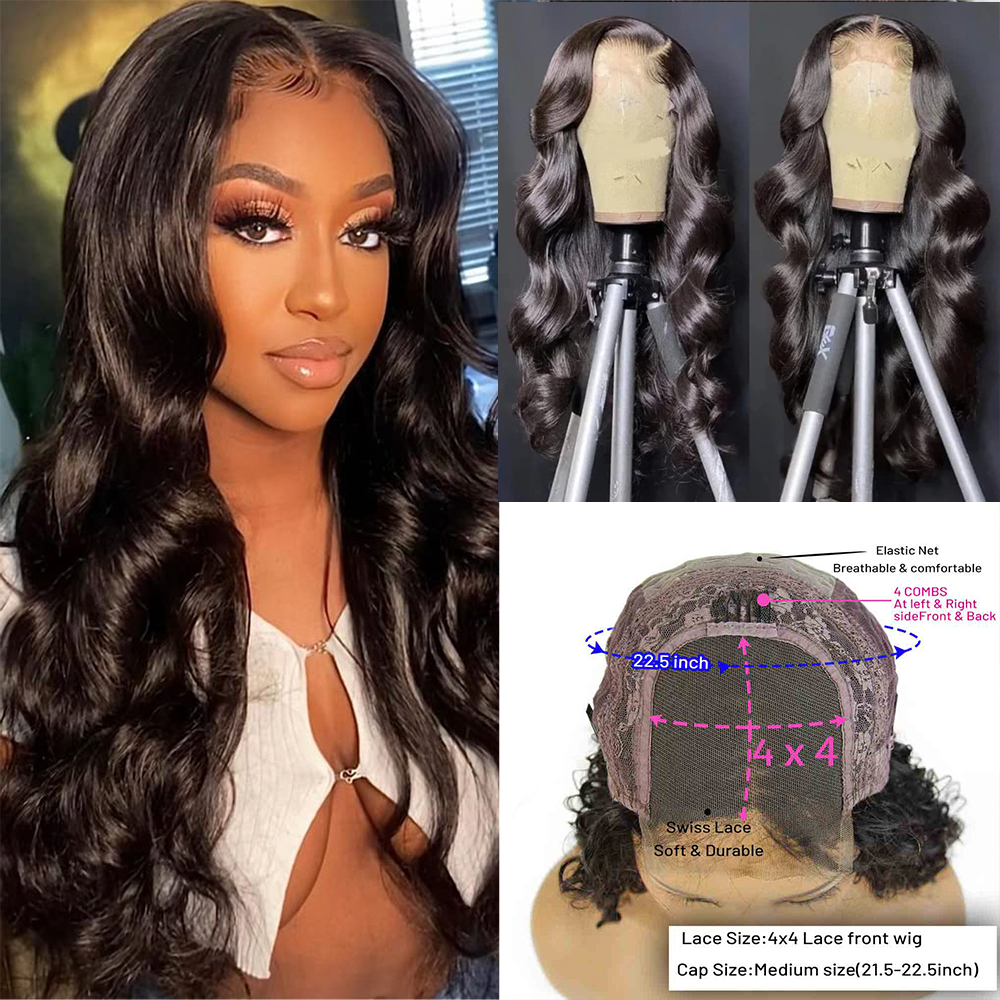 Body wave 4*4 Closure Wigs 150% 200% density Virgin Human Hair Pre Plucked Hairline With Baby Hair
